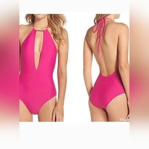 Ted Baker London Halter One Piece Swimsuit Fuchsia Pink Padded Plunge
